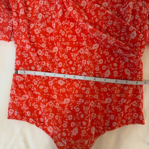 Elodie Orange Floral Mesh Wrap Bodysuit (M) – Stretchy Form-Fitting - Picture 10 of 16